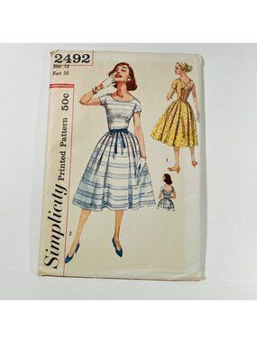 1950s Simplicity 2492 Full Skirt Dress Vintage Sewing Pattern Size 16 Bust 36 FF